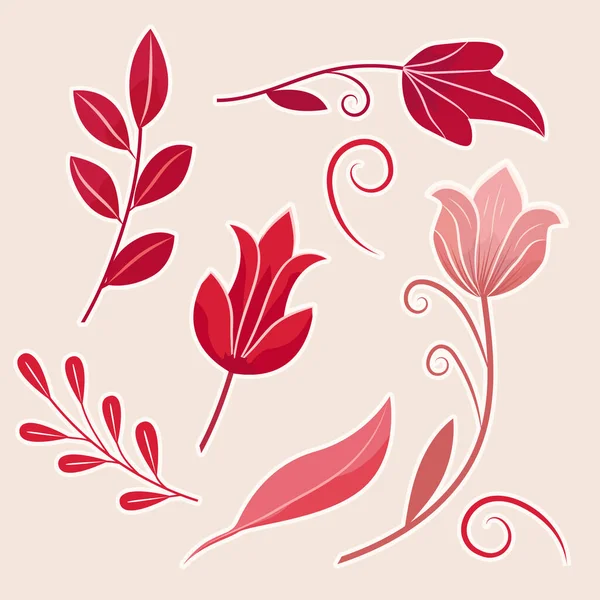 Zarif yaprakları ve çiçekleri olan kırmızı çiçekli bir bitki koleksiyonu. Kalıplar, tebrik kartları, markalar, çıkartmalar, ambalajlar ve dekoratif kompozisyonlar yaratmak için mükemmel. Düzenlenebilir vektör seti.