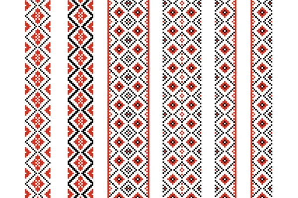 Geleneksel Ukrayna halk nakış deseni kırmızı, siyah ve beyaz renklerle. Tekstil, etnik tasarımlar, ulusal kutlamalar ve dekoratif sınırlar için kusursuz dikey çizgiler..