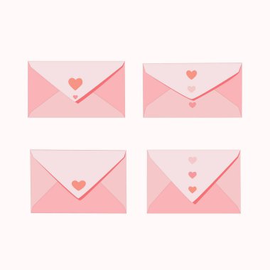 Romantik mektuplar, sevgililer günü tasarımları, düğün davetiyeleri ve tebrik kartları için kalp ayrıntıları içeren aşk zarfları koleksiyonu..
