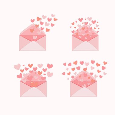 Sevgililer Günü tasarımları, düğün illüstrasyonları, tebrik kartları ve aşk temalı kompozisyonları için uçan kalplerle yazılmış romantik aşk mektupları..