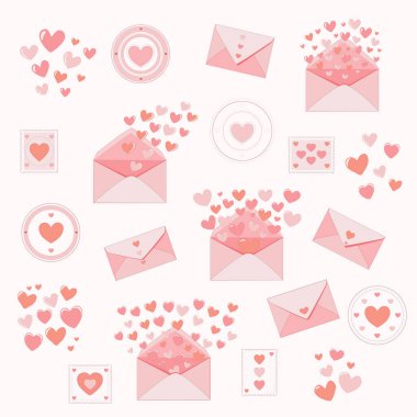 Zarflar, mektuplar, uçan kalpler ve kalp damgalarıyla dolu romantik bir aşk mektubu. Sevgililer Günü için mükemmel bir tasarım. Düğün davetiyeleri, tebrik kartları, romantik kırtasiyeler ve temalı illüstrasyonlar..