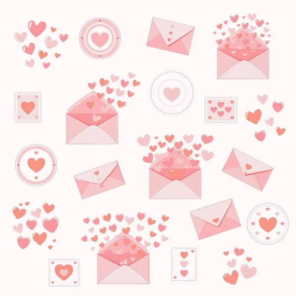 Zarflar, mektuplar, uçan kalpler ve kalp damgalarıyla dolu romantik bir aşk mektubu. Sevgililer Günü için mükemmel bir tasarım. Düğün davetiyeleri, tebrik kartları, romantik kırtasiyeler ve temalı illüstrasyonlar..