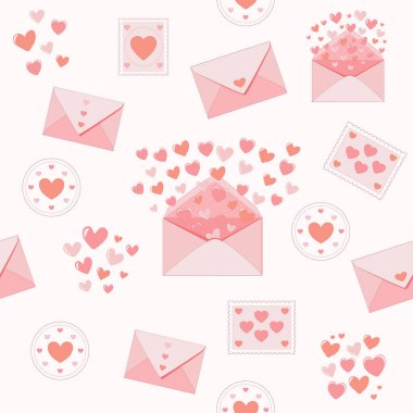 Pembe zarflı, pürüzsüz romantik desenli kalp damgaları ve uçan kalpler. Sevgililer Günü için ideal kağıt kaplama arkaplanı tebrik kartı kağıtları ve romantik tasarımlar.