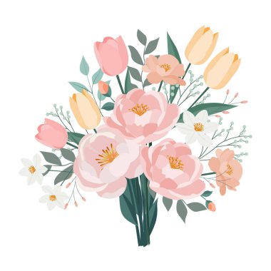 Şakayık laleleri ve yabani bahar çiçekleri olan açık renkli pastel çiçek buketi, düğün kırtasiyesi tebrik kartları ve kadınsı tasarımlar için mükemmel..