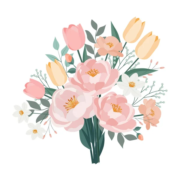 Şakayık laleleri ve yabani bahar çiçekleri olan açık renkli pastel çiçek buketi, düğün kırtasiyesi tebrik kartları ve kadınsı tasarımlar için mükemmel..