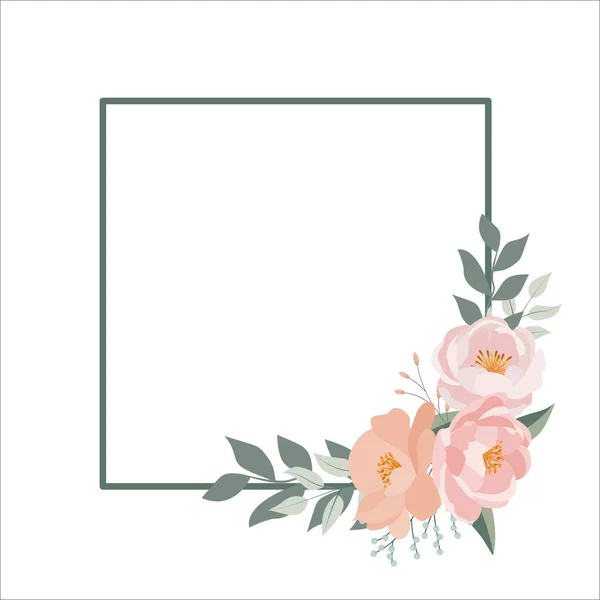 Bahar çiçekleri ve düğün davetiyeleri için tasarlanmış yeşil yapraklı yumuşak pastel çiçek çerçevesi. Marka kartları ve kadınsı kırtasiye şablonları..