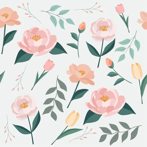 Şakayık, lale ve narin bahar çiçeklerinin romantik renklerde olduğu kusursuz pastel desenli çiçek desenleri. Tekstil, duvar kağıtları, hediye paketi, kırtasiye, markalaşma ve kadınsı tasarım projeleri için ideal.