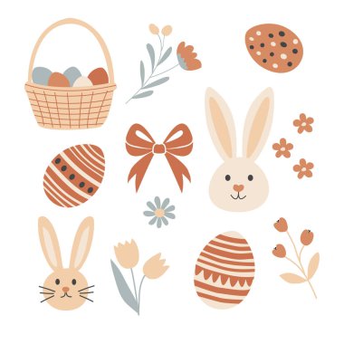 Tavşan yüzlü, süslü yumurta, sepet, yay ve bahar çiçekli yumuşak pastel renklerde şirin Paskalya tırnak koleksiyonu. Çocuk tasarımları, Paskalya kartları, davetiyeler, çocuk resimleri, çıkartmalar ve mevsimlik dekorasyonlar için ideal.
