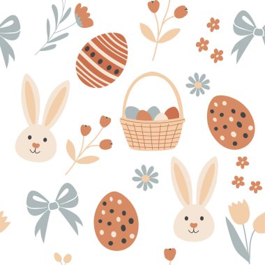 Tatlı tavşan yüzlü kusursuz Paskalya deseni, süslü yumurta, sepet, fiyonk ve yumuşak pastel renklerde bahar çiçekleri. Çocuk tasarımı, ambalaj kağıdı, tekstil, kırtasiye, duvar kağıtları ve mevsimlik arka planlar için mükemmel..