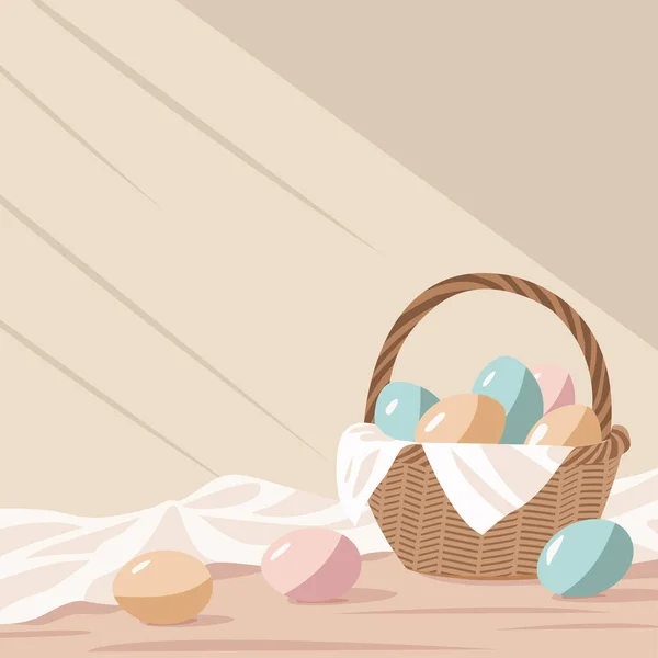 Paskalya illüstrasyonunda, yumuşak bir yay arka planında pastel renkli yumurtalarla dolu bir hasır sepet. Bayram kartları, mevsimlik afişler, davetiyeler, posterler ve Paskalya terfileri için ideal.