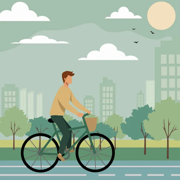 Yeşil şehir parkında bisiklete binen ve gökyüzü çizgisi olan bir adamın resmi. Sürdürülebilir ulaşım ve karbonsuz hareketliliği ve çevresel bilinçli yaşam tarzını teşvik eden çevre dostu geçiş kavramı.