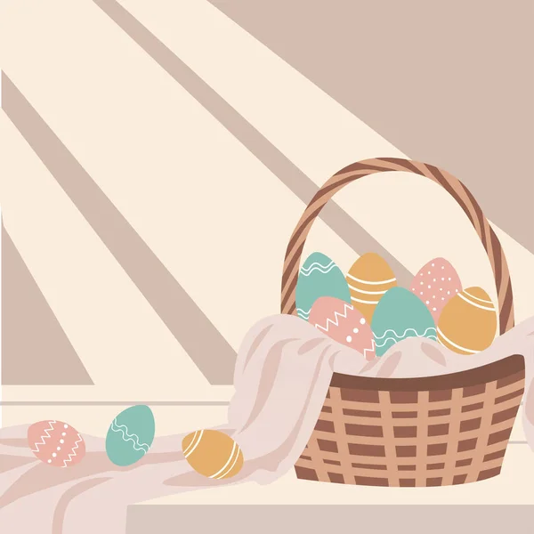 Renkli paskalya yumurtalarıyla dolu geleneksel bir hasır sepetin vektör çizimi. yumuşak pastel renkler, düz dizayn tarzı, uzun gölgeli bir pencere. Paskalya bayramı tebrik kartı, bahar kutlaması afişi veya sosyal medya konsepti