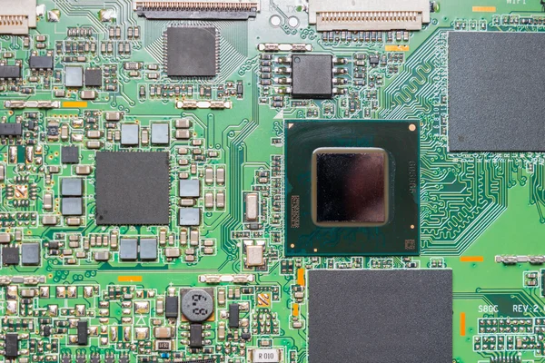 Close-up em um esquema de microchip de CPU — Fotografia de Stock