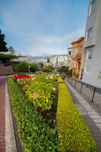 Nézd a Lombard Street, a legzsúfoltabb utcában a világon, San Francisco, California — Stock Fotó