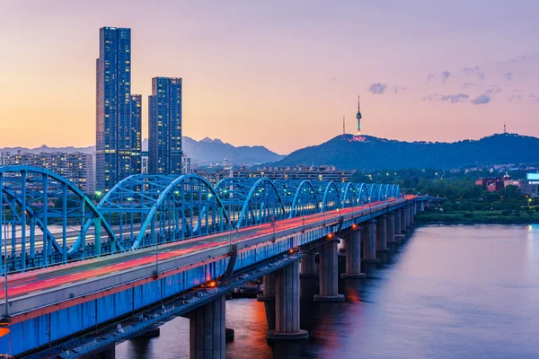 Sunset of Dongjak Bridge and Han river in Seoul City ,South kore — Stock Photo, Image