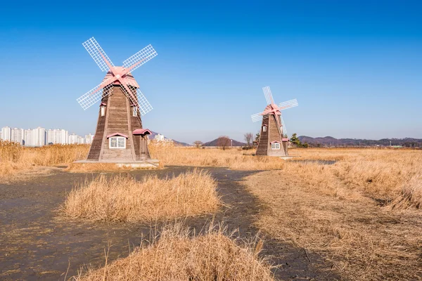 Gamla trä väderkvarnar fältet i park, Sydkorea. — Stockfoto