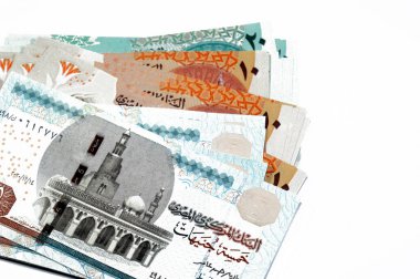 Mısır para banknotları 5, 10 ve 20 pound LE EGP, Mısır para döviz kuru, ekonomi durumu, Mısır 'ın farklı değerlere sahip merkez bankası tarafından para birimi faturaları