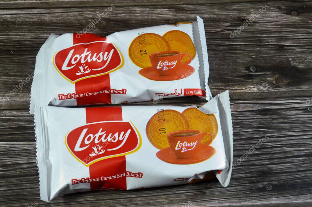 Cairo, Egypt, October 27 2025: Lotusy The Original Caramlised Biscuit, caramelized plain biscuits  to be served with hot drinks like tea as a snack