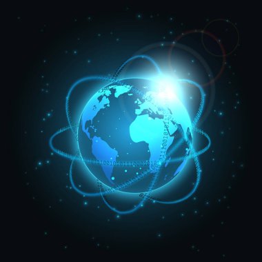  Gezegen etrafında ikili matris sistemi. Parlak, bulanık neon çizgileri olan dijital ikili veri. Rakamları 1.0 olan teknoloji arka planı..