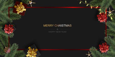 Özgeçmişi vektörle detaylandırılmış noel ağacı dalları, hediye kutuları, parlak çelenkler. Kartlar, afişler, el ilanları, parti posterleri, başlıklar, davetiyeler için yeni yıl tasarımı.