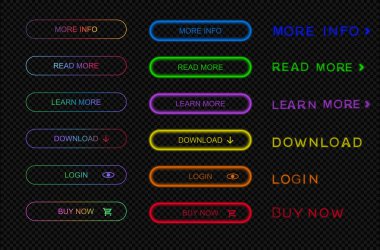 Web sitesi için modern neon düğmeler, infografik, mobil uygulama. Metinli gezinme renkli düğmeler. Dükkan, oyun, bayrak için düğme simgesi.