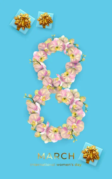 国際女性デー ブルーバナー チラシ ニュースレター用の休日カード パンフレット 3月8日のポストカード8桁蘭の花で作られた — ストックベクタ