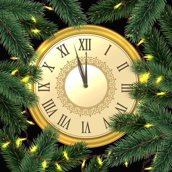 Рождественская Праздничная Граница Реалистичная Сосновая Ветвь Часы Векторная Иллюстрация — стоковый вектор