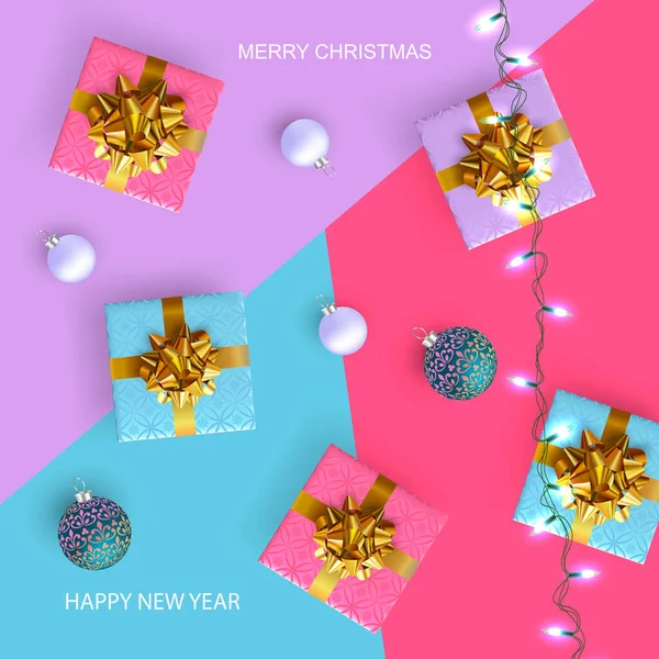 Weihnachtsposter Grußkarten Banner Neujahrshintergrund Flache Ansicht Von Geschenkschachteln Und Leuchtgirlanden — Stockvektor