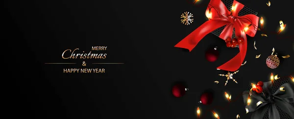 Новым Годом Рождеством Подарочные Коробки Реалистичным Красным Луком Светящимися Гирляндами — стоковый вектор