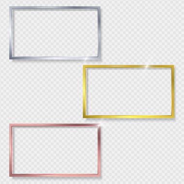 Şeffaf arkaplanda izole edilmiş gölgeli, parlak, eski dikdörtgen metal setler. Gerçekçi dikdörtgen kenar.