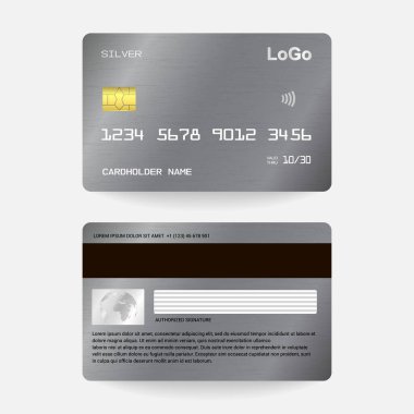 Banka kartı ve kredi kartının gerçekçi ayrıntılı şablon tasarımı. Altın metal gradyan çip ve siyah şeritli ATM kartı modeli. İki kenarlı tasarım.