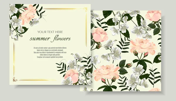 Conjunto Banderas Vectoriales Con Lujosas Flores Jazmín Rosa Plantilla Para — Vector de stock