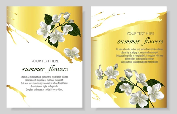 Set Banderas Vectoriales Con Lujosas Flores Jazmín Sobre Fondo Dorado — Vector de stock