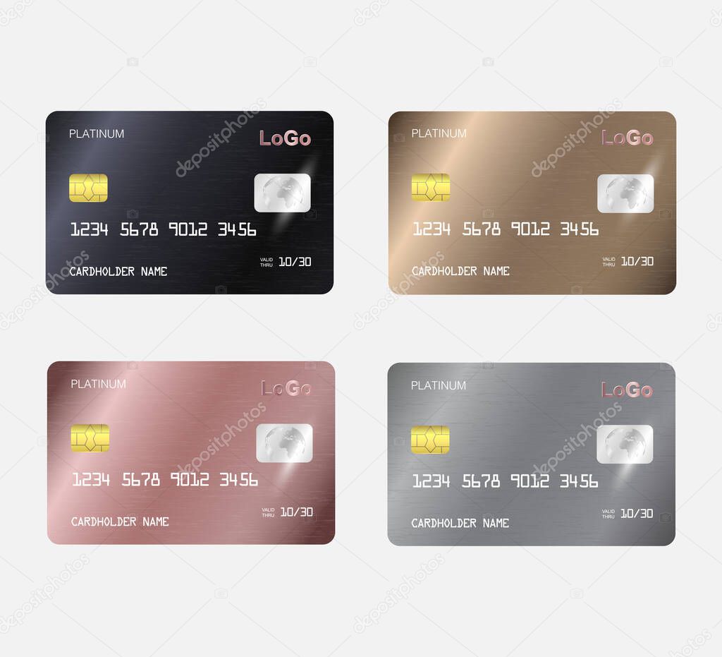 Set of Realistic detailed templates design for Debit card, Credit card. ATM card mockup with gold metal gradient chip.