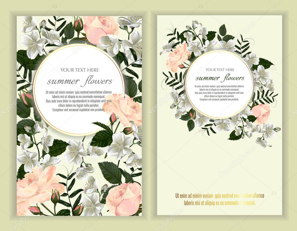 Set of Vector banners with Luxurious jasmine and rose flowers. Template for greeting cards, wedding decorations, invitation, sales, packaging. Spring or summer design. Floral poster, invite.