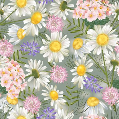 Yaz çiçekleriyle botanik desenli vektör. Doğal sağlık ürünleri, tekstil, duvar kağıdı, baskı, hediye paketi, selamlama veya düğün geçmişi için modern çiçek deseni.