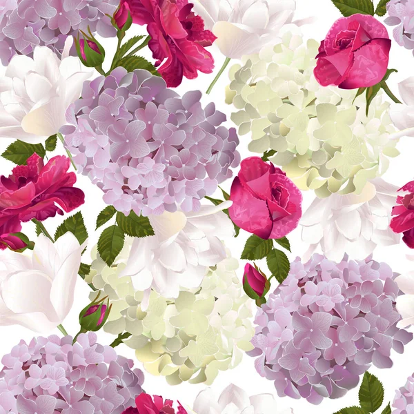 Διάνυσμα Βοτανικό Μοτίβο Χωρίς Ραφή Τριαντάφυλλα Ορτανσία Και Τουλίπες Λουλούδια — Διανυσματικό Αρχείο