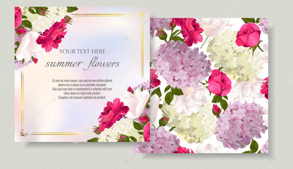 Vector banners set with roses, hydrangea and tulips flowers.Template for greeting cards, wedding decorations, invitation ,sales, packaging. Spring or summer design. Place for text.