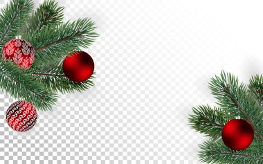 Detaylı Noel ağacı dalları ve şeffaf arkaplanda kırmızı toplar. Noel süsü. Kartlar, afişler, el ilanları, parti posterleri, başlıklar, davetiyeler için vektör Yeni Yıl tasarımı.