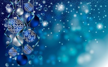 Mavi arka planda Stardust kıvılcımları olan Noel topları. Kutlama kartı, parti davetiyesi, tatil satışları için Noel Vektörü Yeni Yıl Tasarımı.