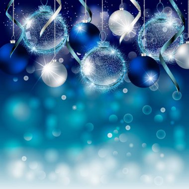 Yıldız tozu kıvılcımları ve Noel toplarıyla Noel mavisi pankart. Kutlama kartı, parti davetiyesi ve tatil satışları için vektör yeni yıl tasarımı.