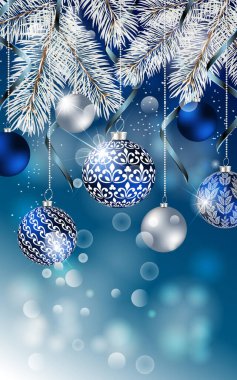 Kurdele ve balolarla süslenmiş köknar dallı Noel afişi. Kutlama kartı, parti davetiyesi, tatil satışları için vektör Noel tasarımı.