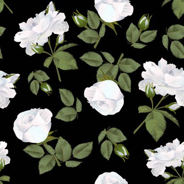 Siyahta gül çiçekleri olan vektör botanik desenli. Tekstil, duvar kağıdı, baskı, hediye paketi, selamlama veya düğün geçmişi için modern çiçek deseni.