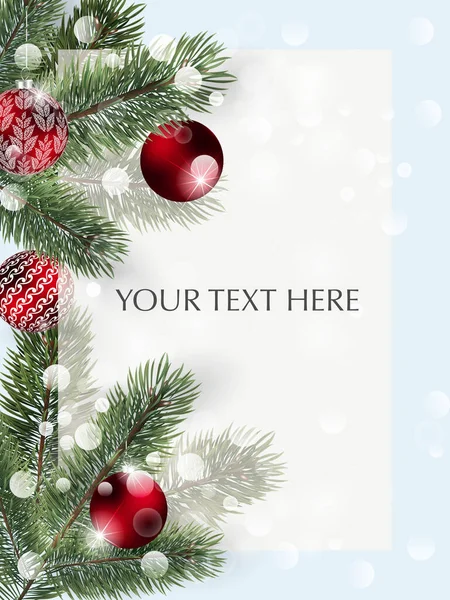 Detaylı Noel ağacı dalları ve kırmızı Noel toplarıyla donatılmış bir arka plan. Kartlar, afişler, el ilanları, parti posterleri, başlıklar, davetiyeler için vektör Yeni Yıl tasarımı.