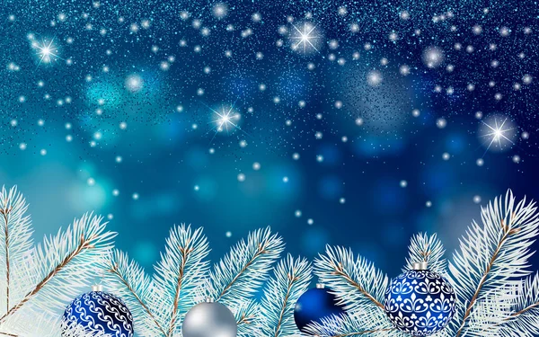 Bandiera Blu Natale Con Scintille Polvere Stelle Rami Abete Palle — Vettoriale Stock