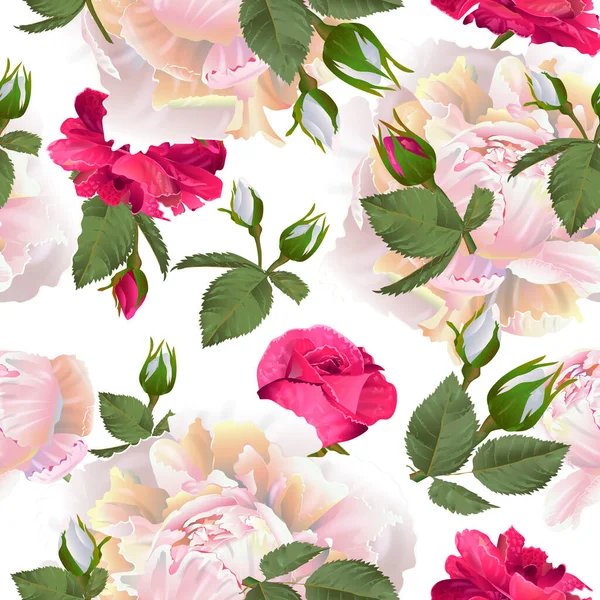 Modèle Vectoriel Botanique Sans Couture Avec Des Roses Des Pivoines — Image vectorielle