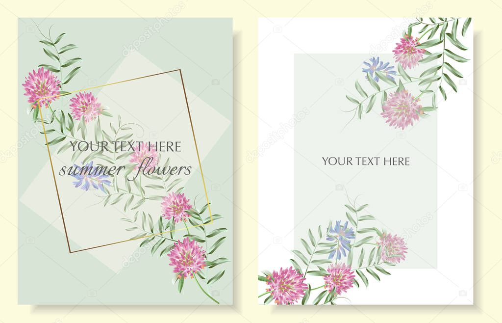 Template for greeting cards, wedding decorations, invitation, sales. Set of Vector banner with Luxurious summer wild flowers and hydrangea. Spring or summer design. Vintage style.