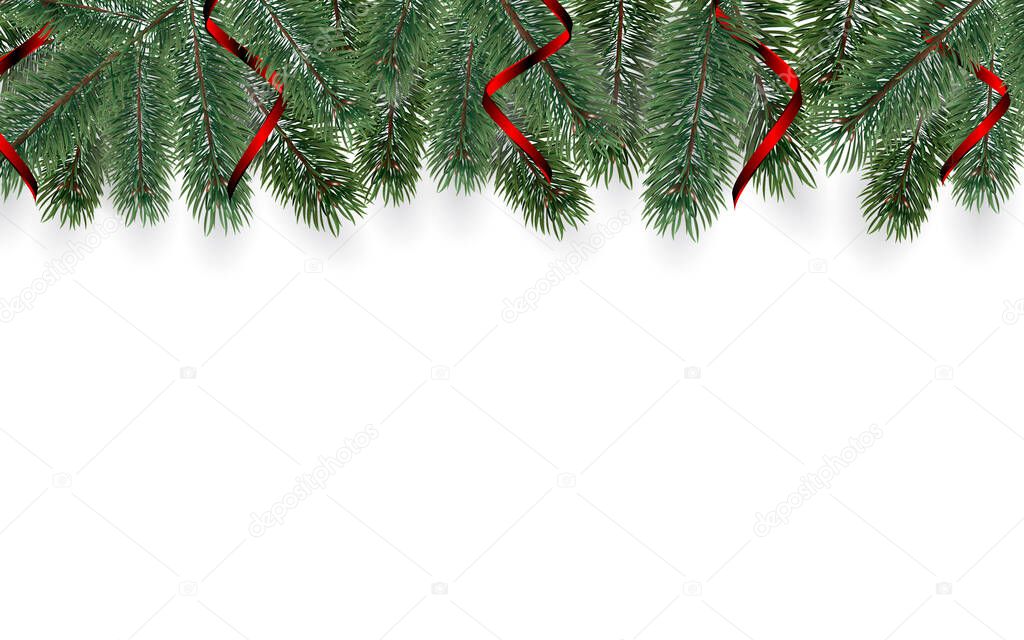 Christmas decoration. Banner with detailed christmas tree branches isolated on white. Realistic fir tree border. Vector New Year design for christmas cards, banners, flyers, party posters, headers.