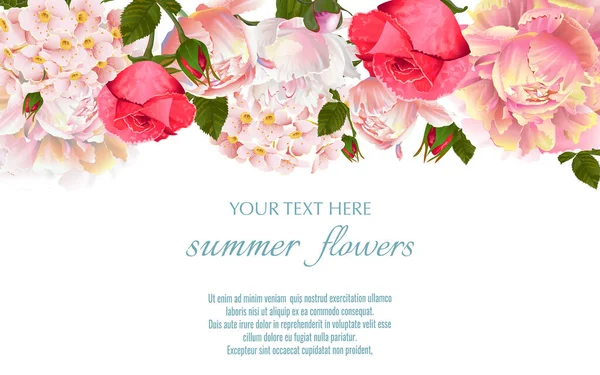 牡丹とバラの花とベクトルヴィンテージの花の境界 フローバー グリーティングカード 結婚式の装飾 販売のためのテンプレート — ストックベクタ