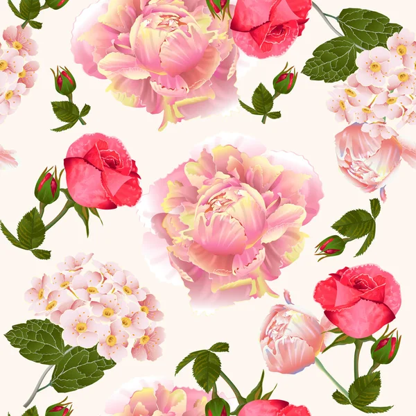 Motif Botanique Vectoriel Sans Couture Avec Des Roses Des Pivoines — Image vectorielle